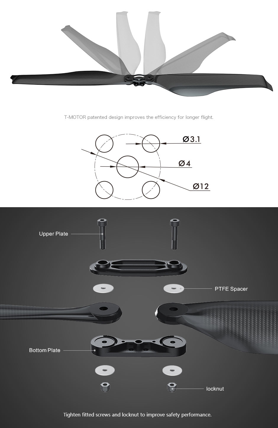 Vue technique hélices pliables carbone FA 16,2 x 5,3 Push type